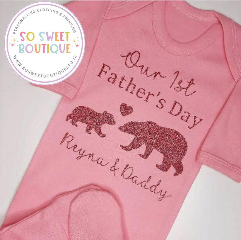 Bear First Father's Day Personalised Pink Babygro Sleepsuit - SoSweetBoutiqueLtd