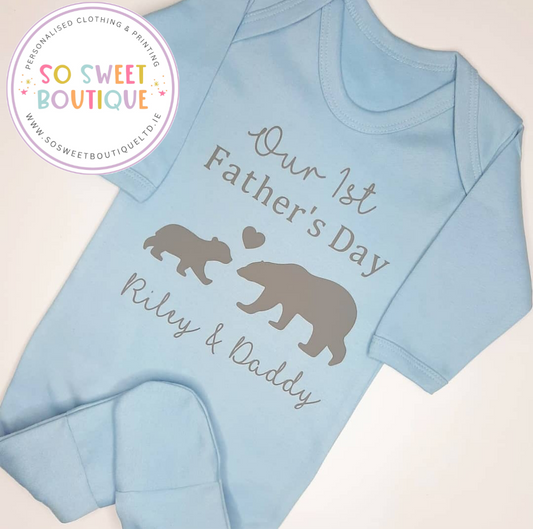 First Father's Day Bear themed Blue Babygro Sleepsuit
