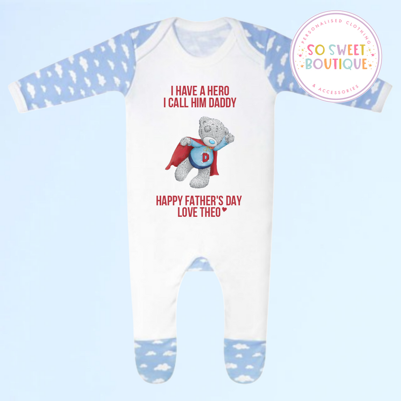 Superhero Father's Day Blue Cloud Personalised Babygro Sleepsuit