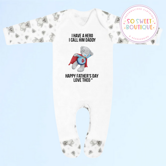 Superhero Father's Day Grey Bear Personalised Babygro Sleepsuit - SoSweetBoutiqueLtd