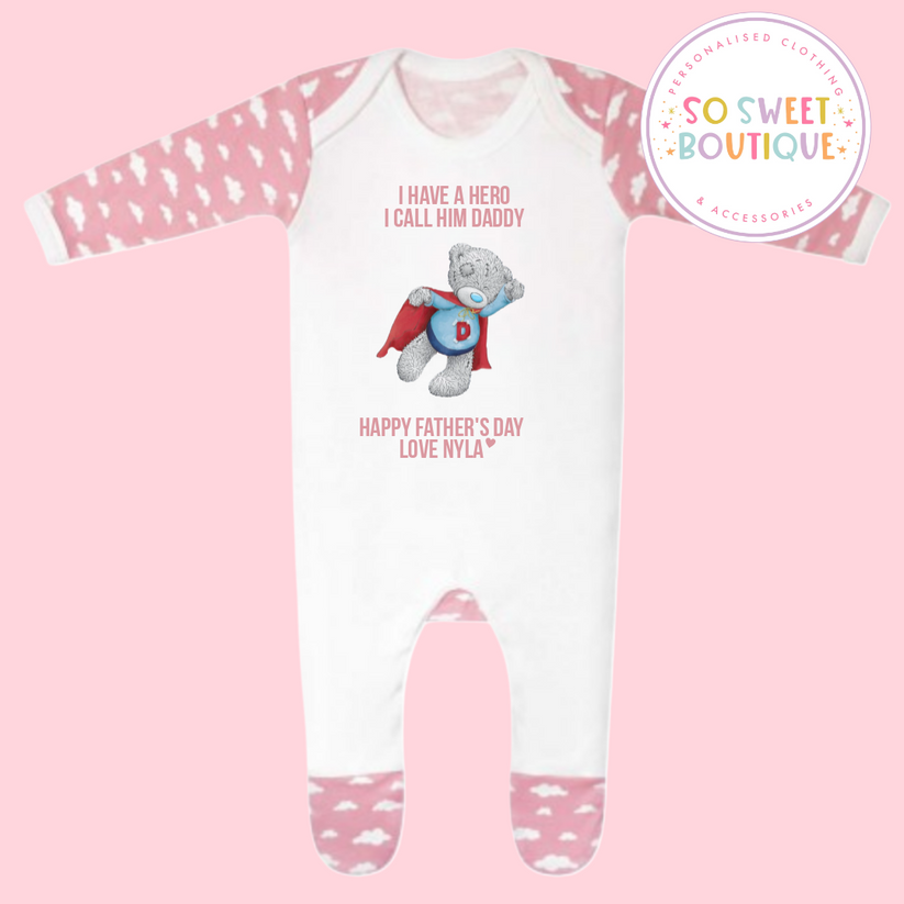Superhero Father's Day Pink Bear Personalised Babygro Sleepsuit - SoSweetBoutiqueLtd