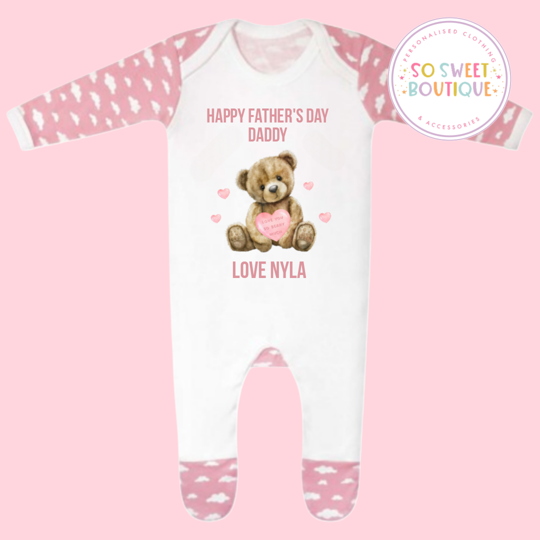 Father's Day Bear themed Pink Cloud Print Babygro Sleepsuit