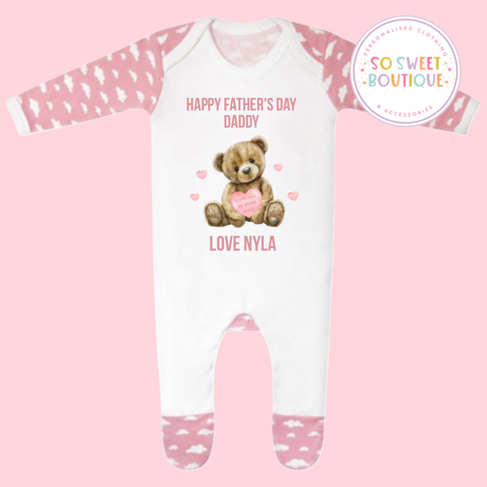 Father's Day Bear themed Pink Cloud Print Babygro Sleepsuit