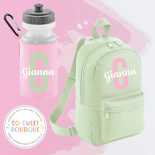 Pistachio & Pink Initial Style Backpack & Waterbottle Set