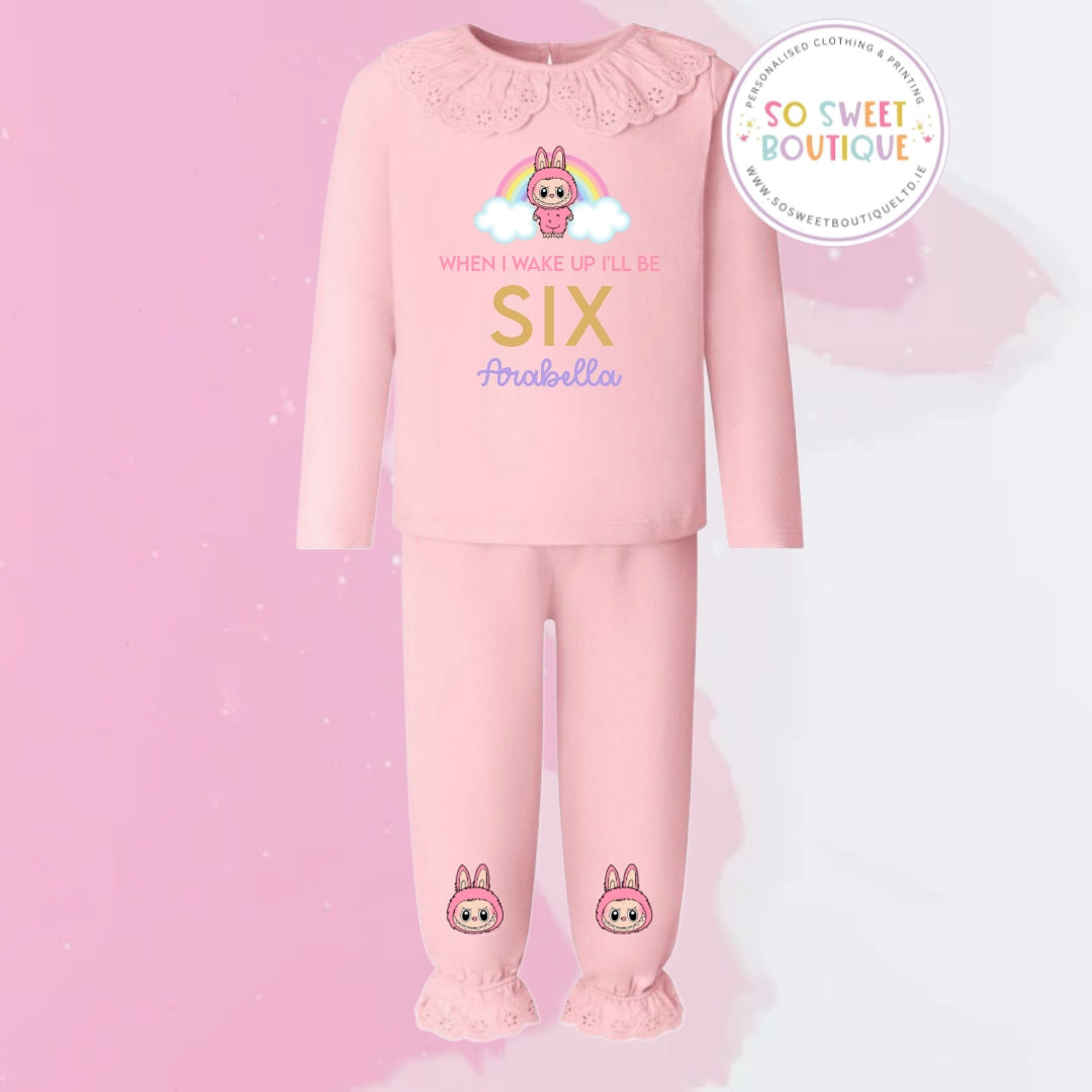 Labubu themed Pastel Pink Frill Style Birthday Pyjamas