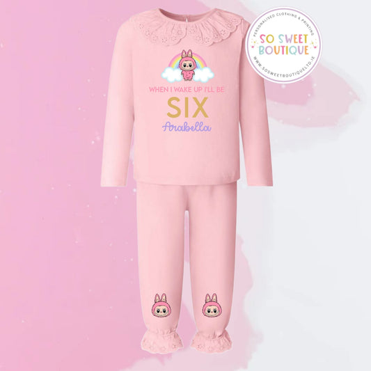 Labubu themed Pastel Pink Frill Style Birthday Pyjamas