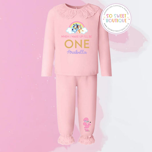 Bluey themed Pastel Pink Frill Style Birthday Pyjamas