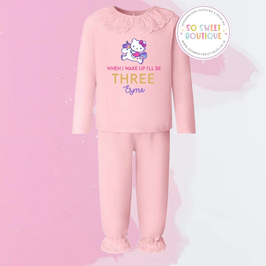 Unicorn Hello Kitty themed Pastel Pink Frill Style Birthday Pyjamas