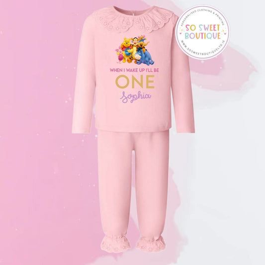 Winnie The Pooh themed Pastel Pink Frill Style Birthday Pyjamas