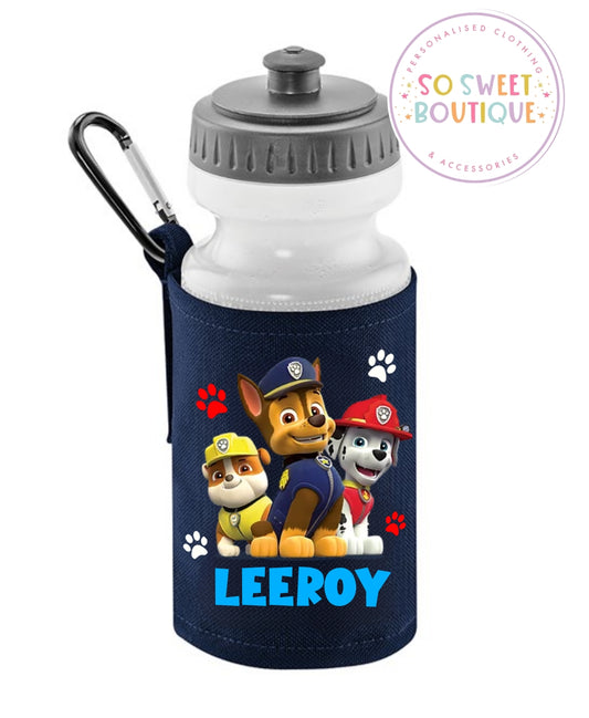 Paw Patrol themed 500ml Personalised Navy Water Bottle & Holder