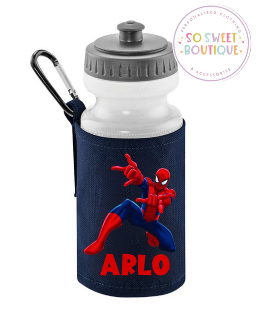 Spiderman themed 500ml Personalised Navy Water Bottle & Holder