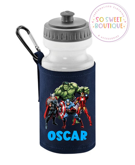 Avengers themed 500ml Personalised Navy Water Bottle & Holder