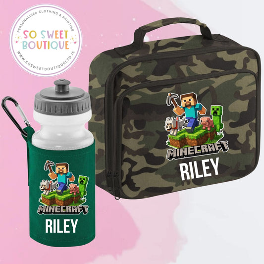 Minecraft themed Personalised Insulated Lunch Bag & Water Bottle Set