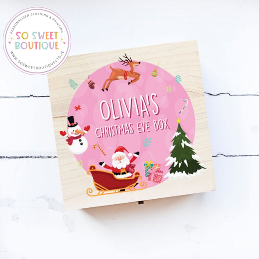 Pink Santa Personalised Christmas Eve Wooden Box