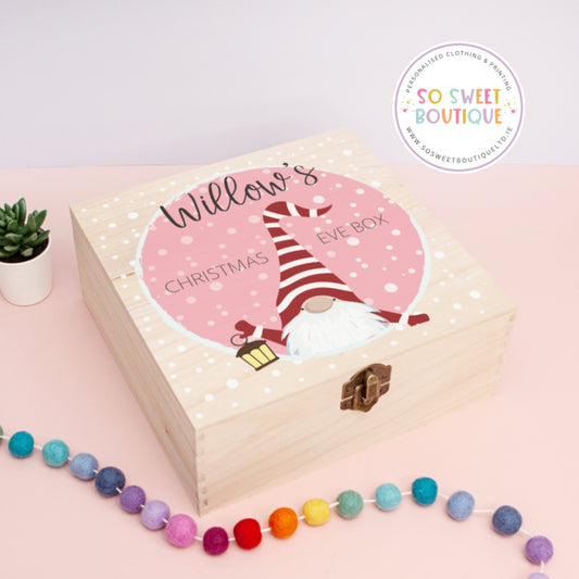 Pink Gnome Personalised Christmas Eve Wooden Box