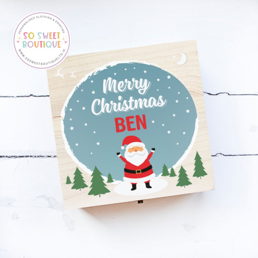 Blue Happy Santa Personalised Christmas Eve Wooden Box