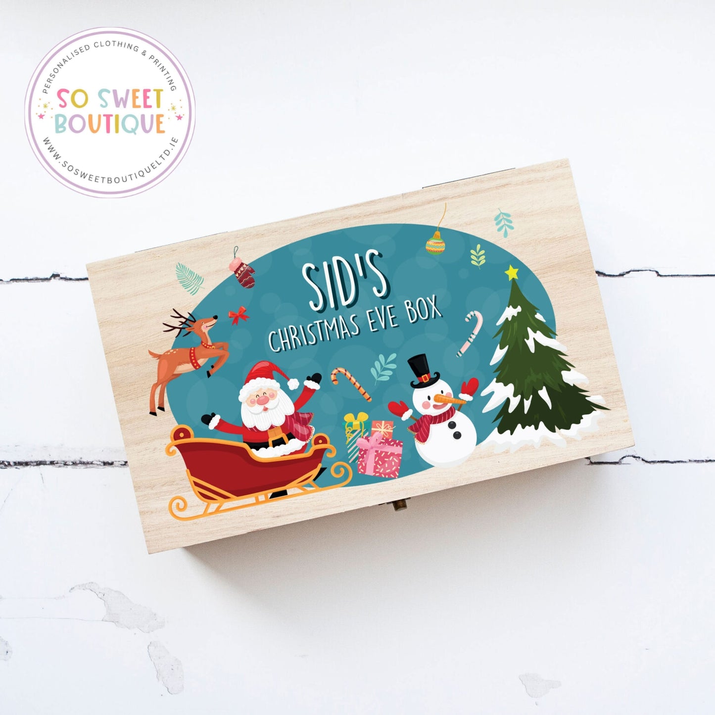 Teal Santa Personalised Rectangular Christmas Eve Wooden Box