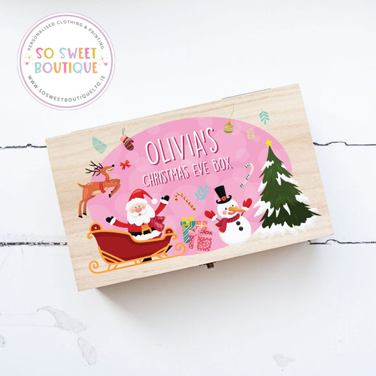 Pink Santa Personalised Rectangular Christmas Eve Wooden Box