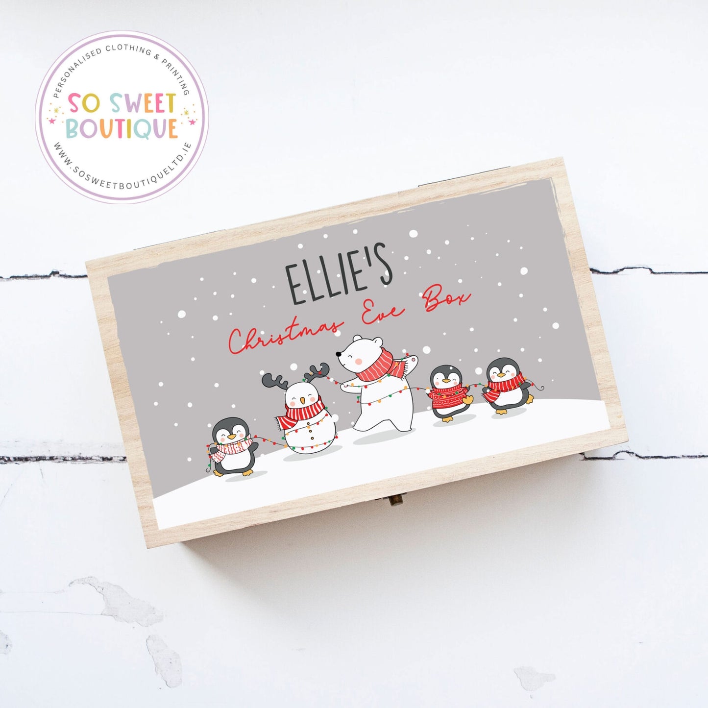 Polar Bear Personalised Rectangular Christmas Eve Wooden Box