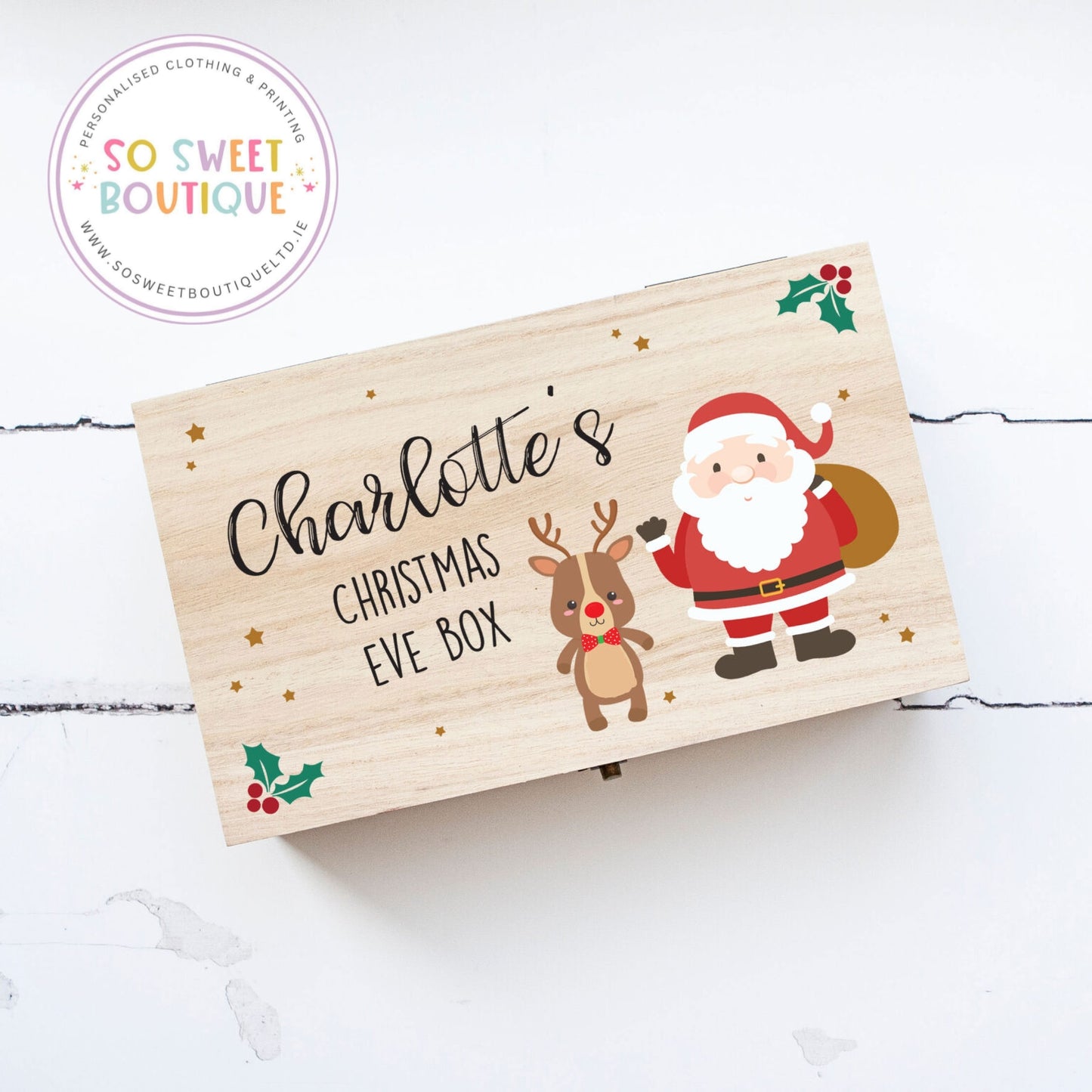 Santa & Rudolph Personalised Rectangular Christmas Eve Wooden Box