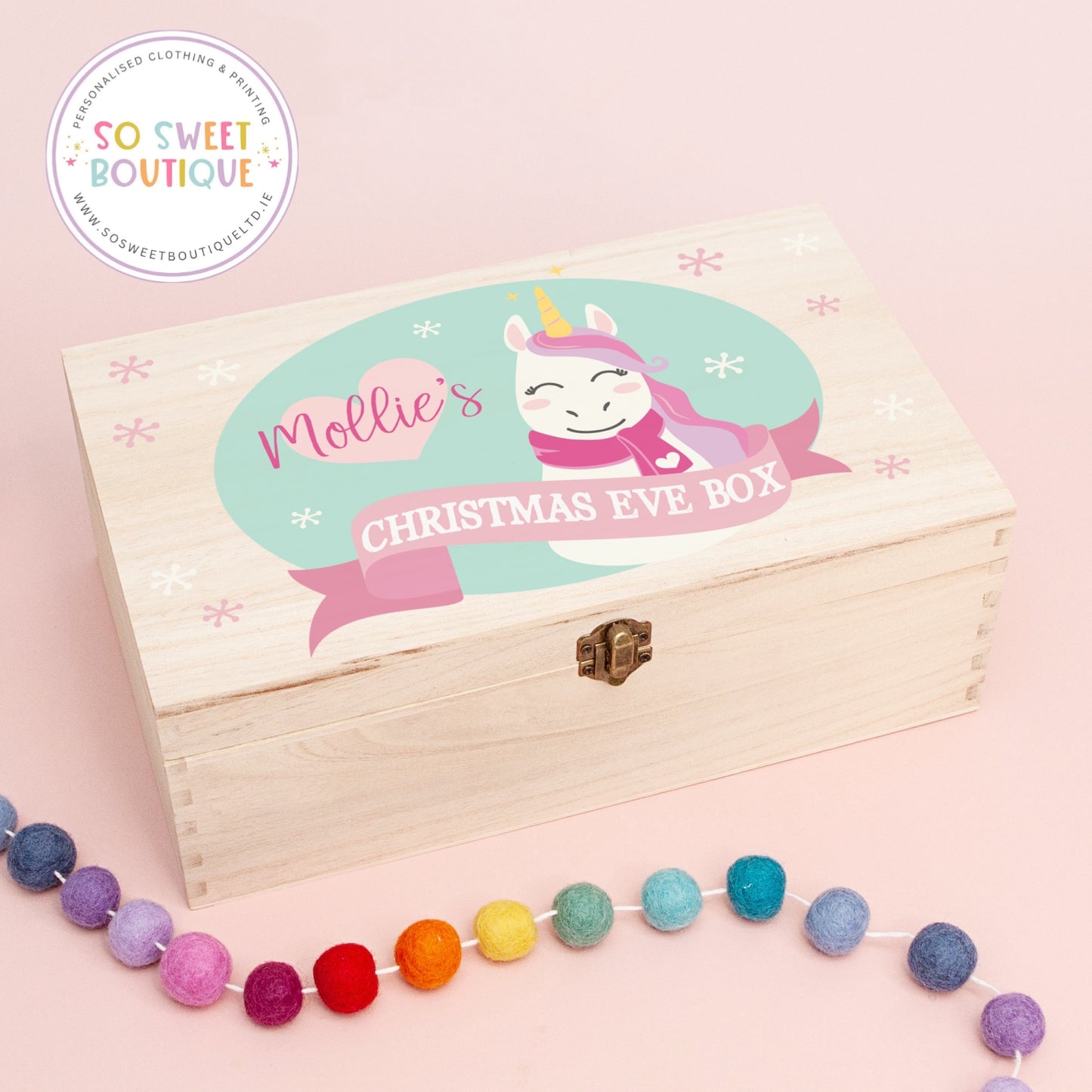 Unicorn Personalised Rectangular Christmas Eve Wooden Box