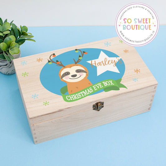 Festive Sloth Personalised Rectangular Christmas Eve Wooden Box