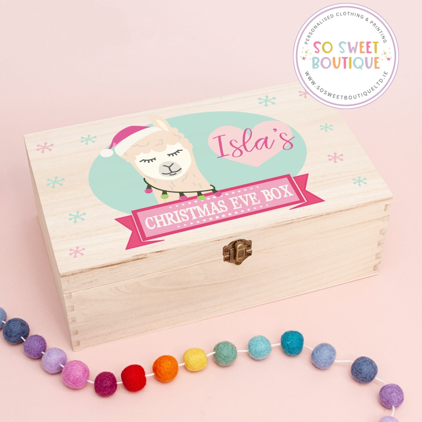 Llama Girl Personalised Rectangular Christmas Eve Wooden Box