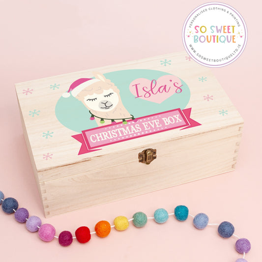 Llama Girl Personalised Rectangular Christmas Eve Wooden Box