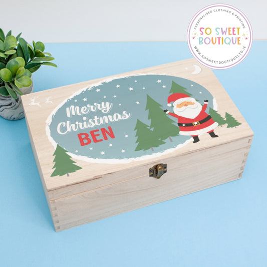 Blue Happy Santa Personalised Rectangular Christmas Eve Wooden Box