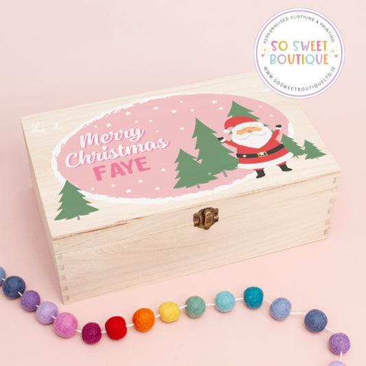 Pink Happy Santa Personalised Rectangular Christmas Eve Wooden Box
