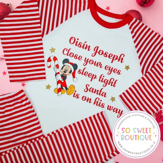 Mickey Personalised Christmas Eve Red Stripe Pyjamas