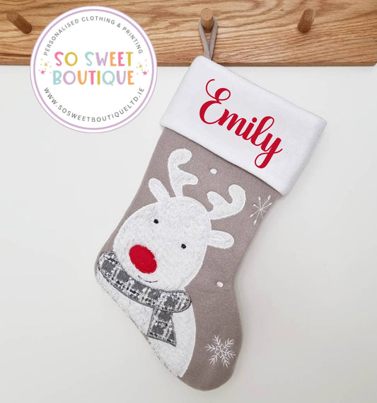 Grey Reindeer Personalised Christmas Stocking