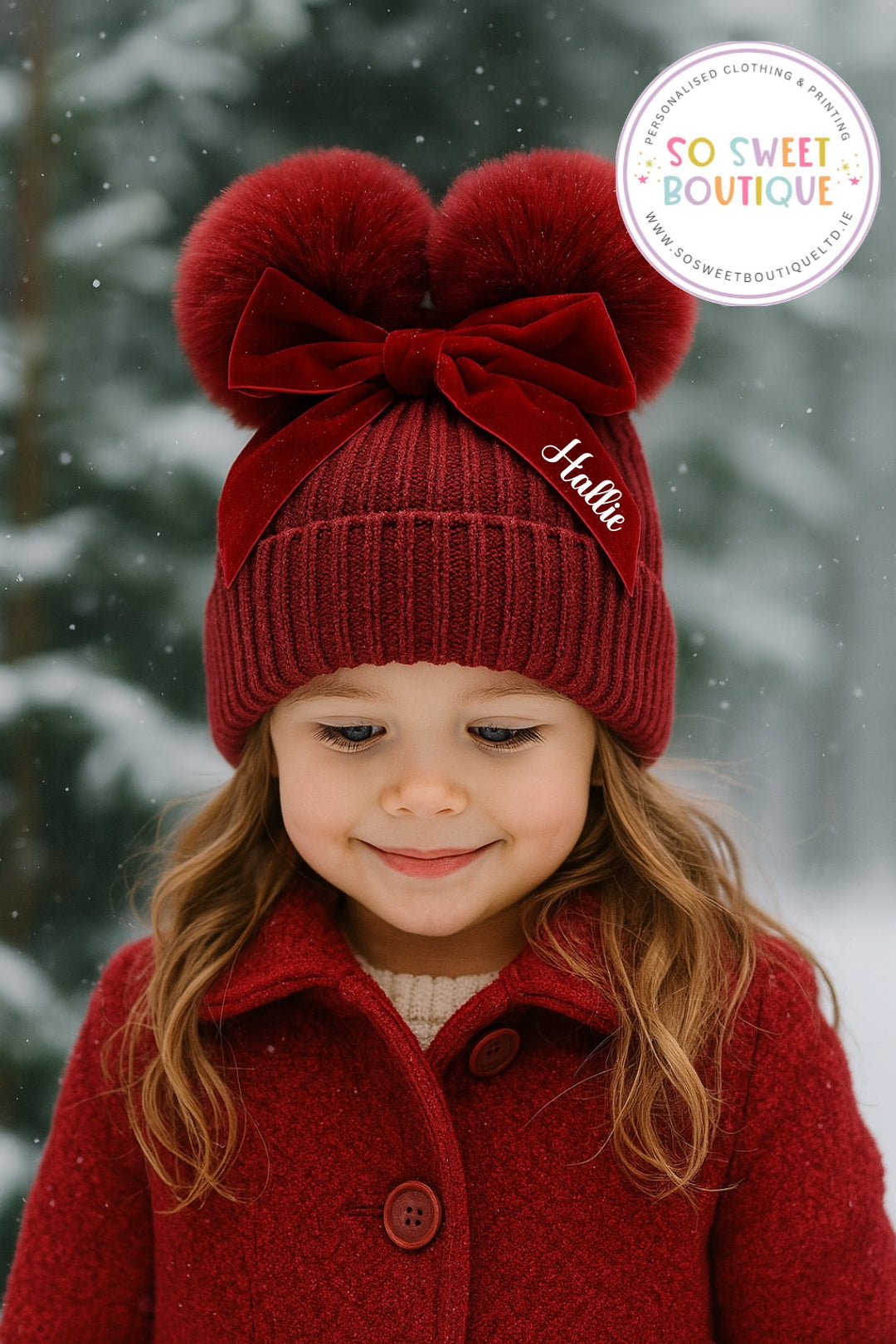 Baby|Junior Dark Red Personalised Pom Pom Hat