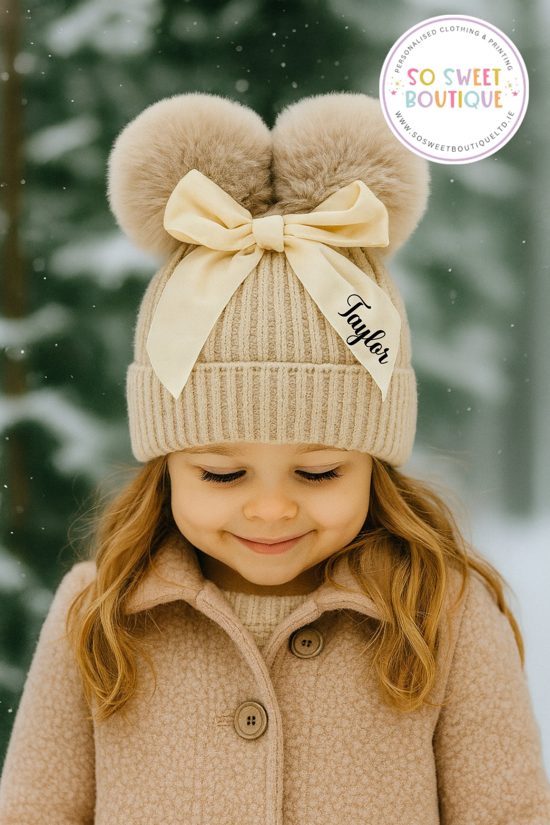 Baby|Junior Oatmeal Personalised Pom Pom Hat