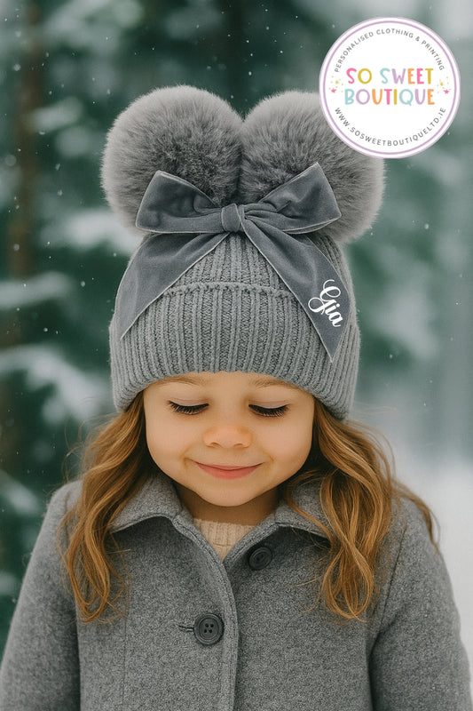 Baby|Junior Grey Personalised Pom Pom Hat