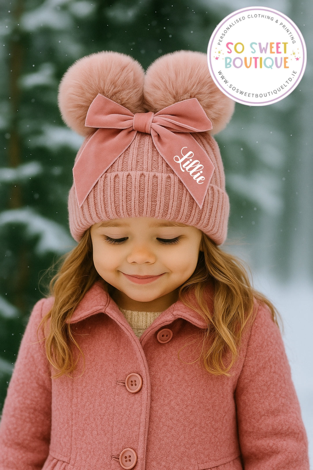 Baby|Junior Dusty Pink Personalised Pom Pom Hat