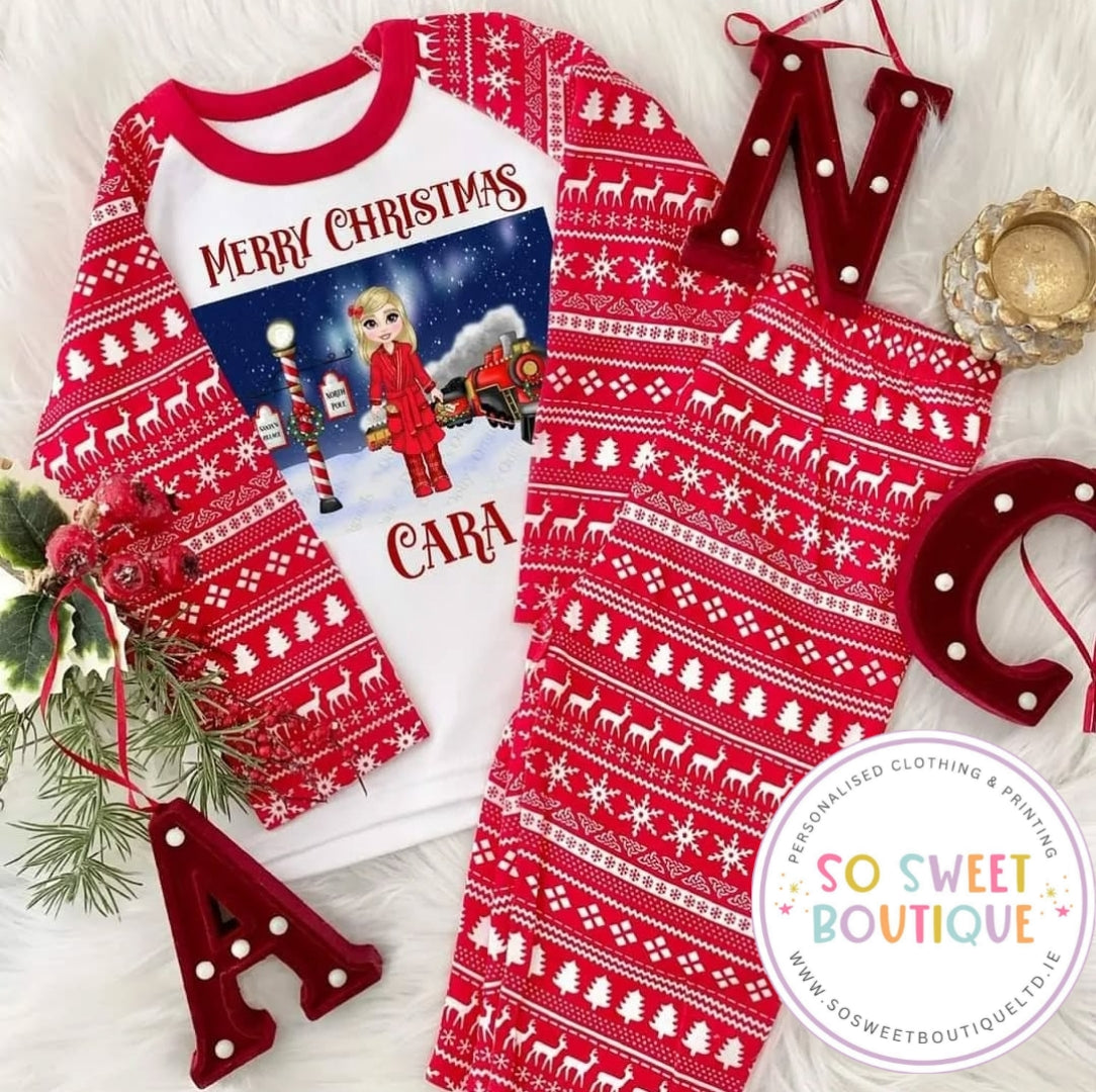 Polar Express Girl Dolly Red Reindeer Personalised Christmas Pyjamas