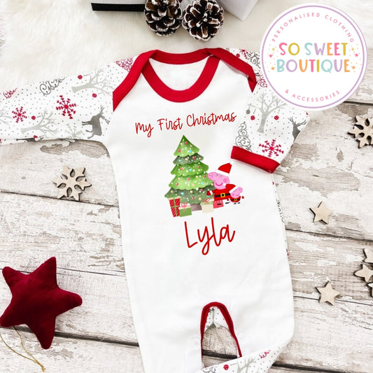 Peppa Pig themed Personalised Christmas Babygro Sleepsuit