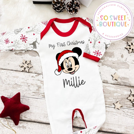 Minnie themed Personalised Christmas Babygro Sleepsuit
