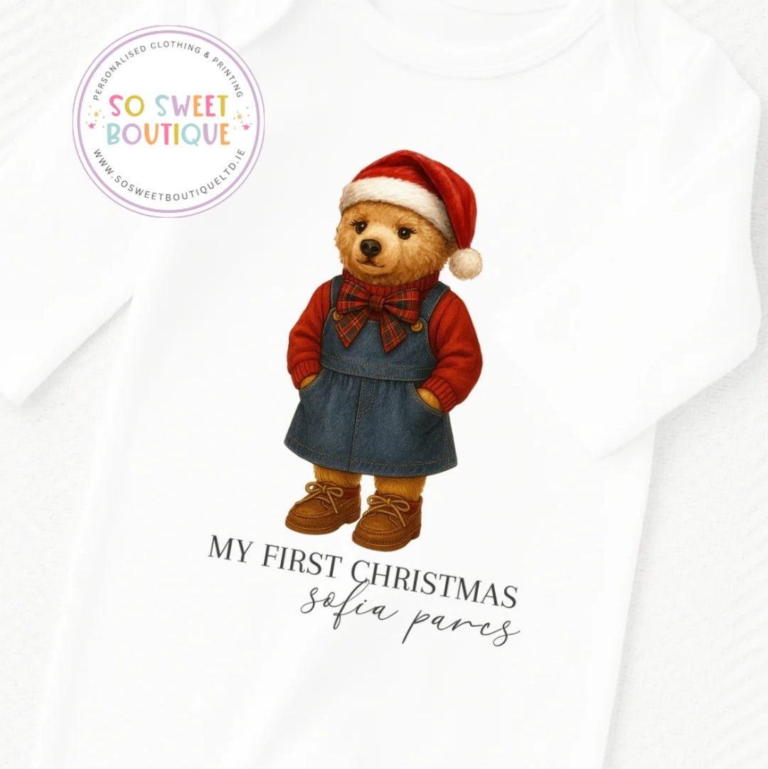 My First Christmas Traditional Girl Bear Personalised Babygro Sleepsuit