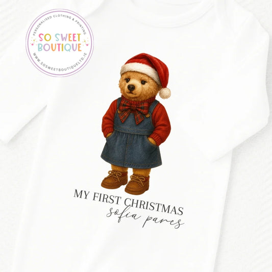 My First Christmas Traditional Girl Bear Personalised Babygro Sleepsuit