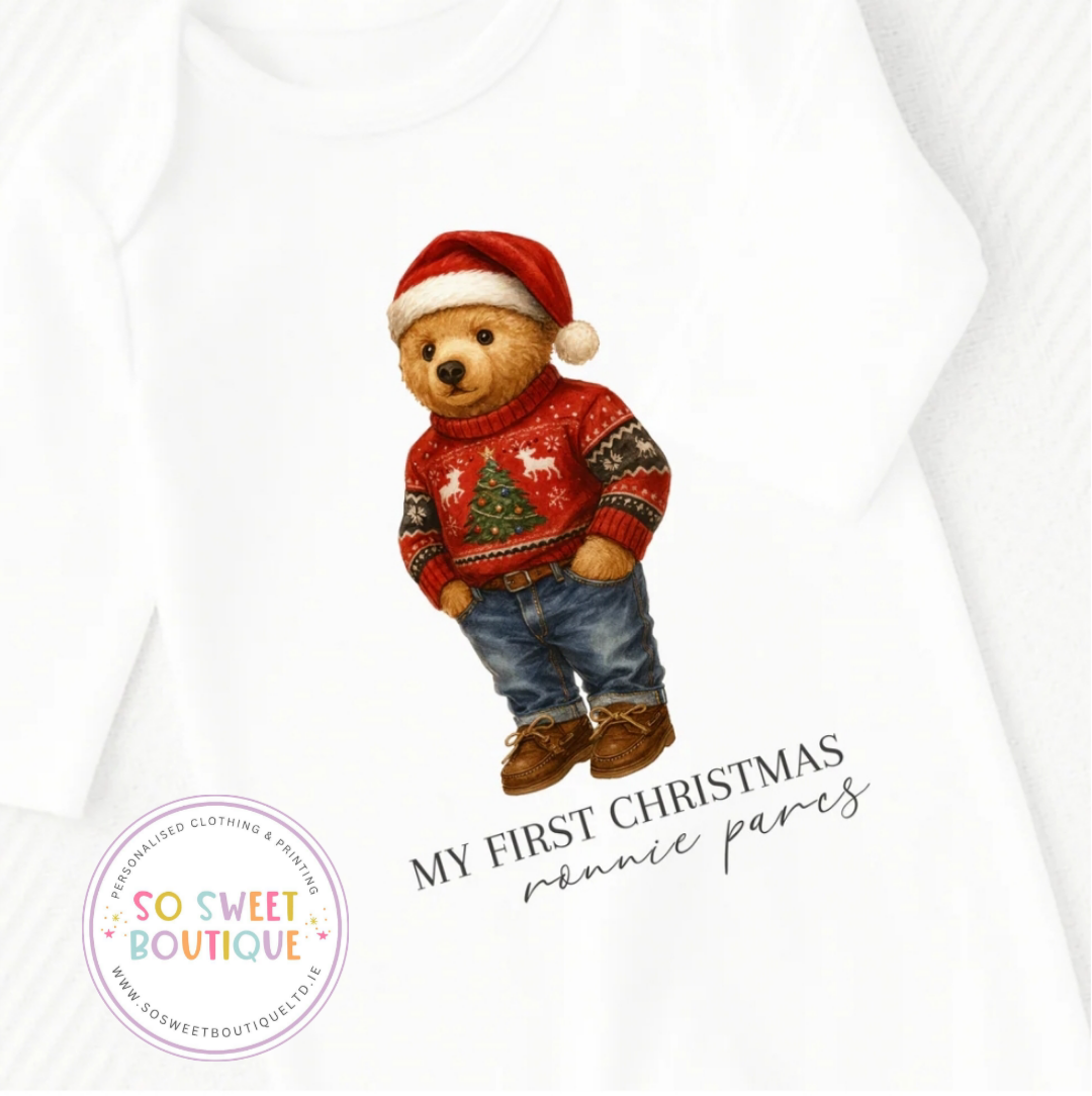 My First Christmas Traditional Boy Bear Personalised Babygro Sleepsuit
