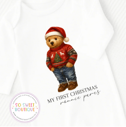 My First Christmas Traditional Boy Bear Personalised Babygro Sleepsuit
