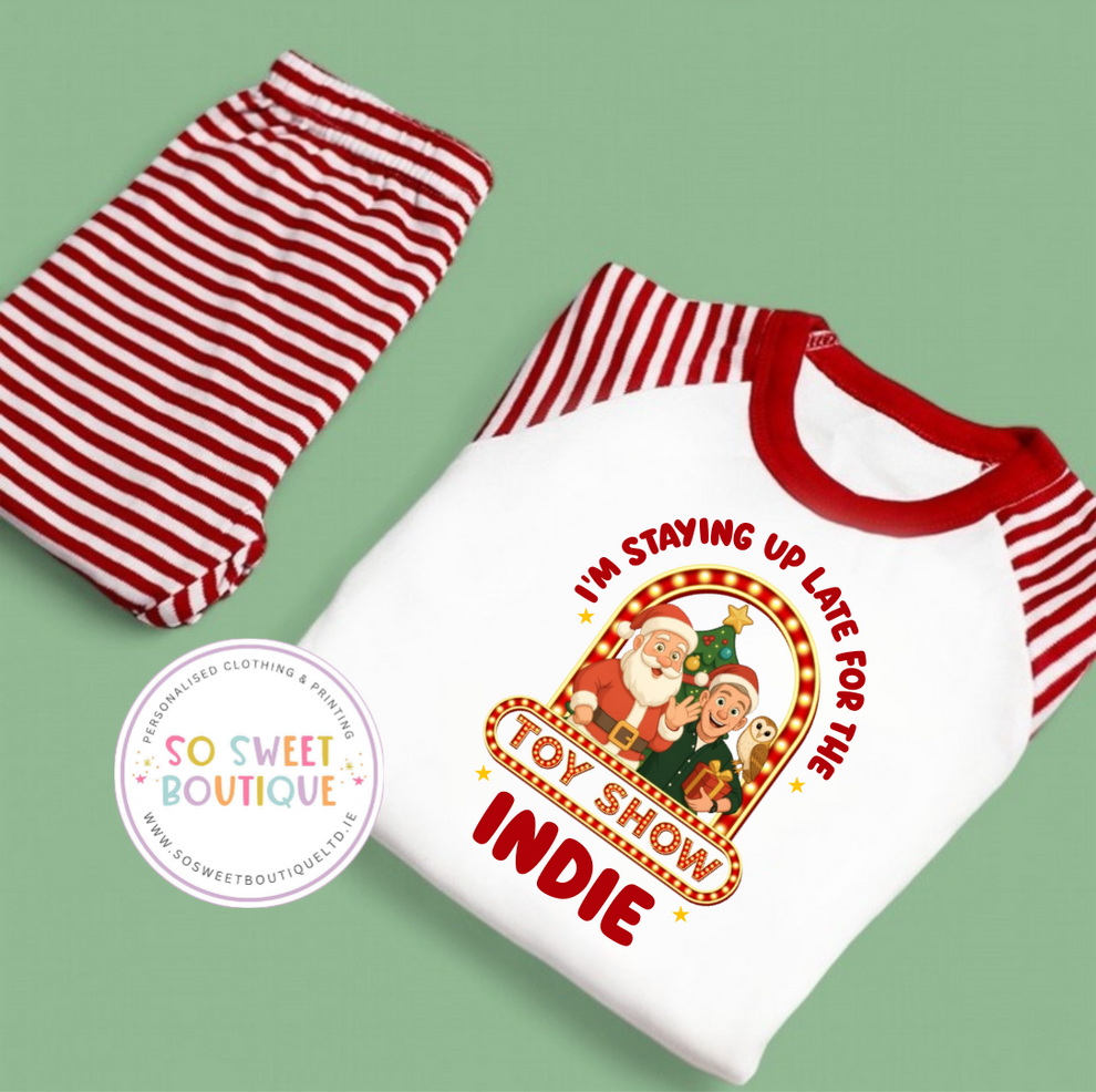 Personalised red stripe style pyjamas for kids by SoSweetBoutiqueLtd, featuring a fun, colorful design perfect for bedtime.