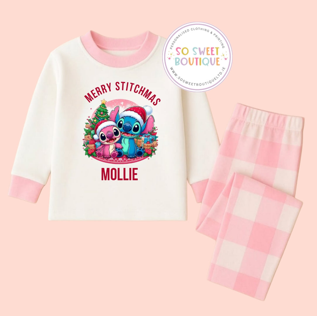 Merry Stitchmas Pink Check Personalised Christmas Pyjamas
