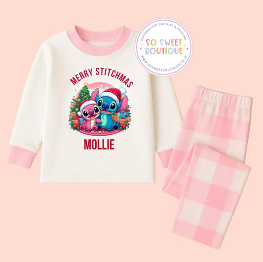 Merry Stitchmas Pink Check Personalised Christmas Pyjamas