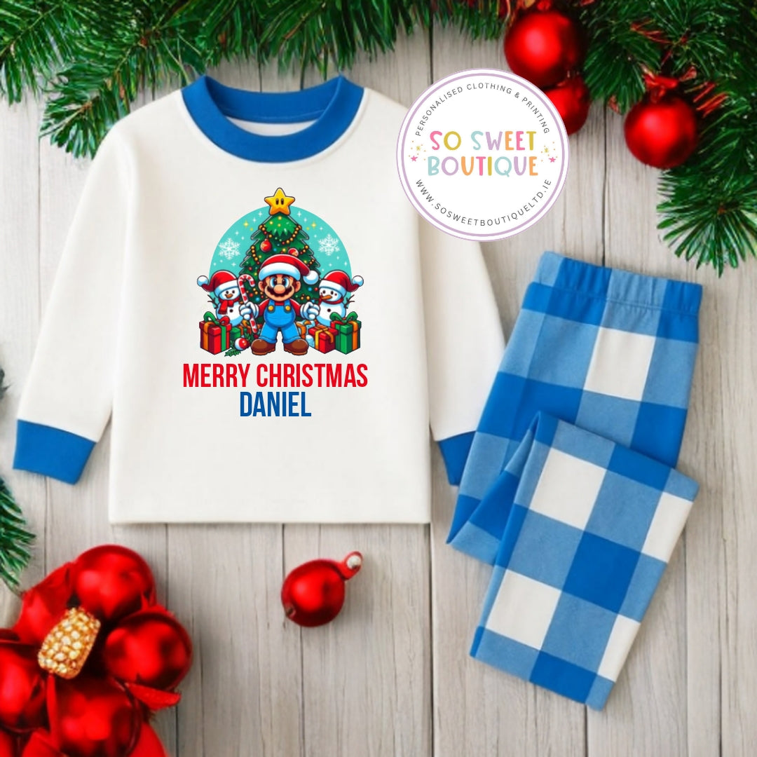 Mario Blue Check Personalised Christmas Pyjamas