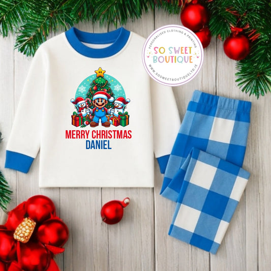 Mario Blue Check Personalised Christmas Pyjamas