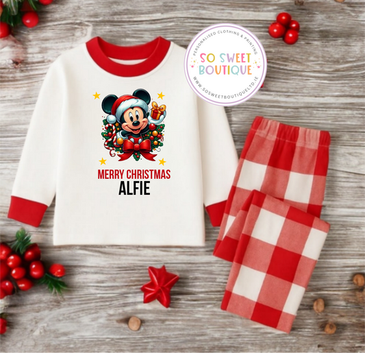 Mickey M Red Check Personalised Christmas Pyjamas
