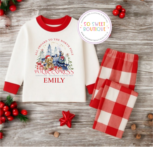 Polar Express Red Check Unisex Personalised Christmas Pyjamas